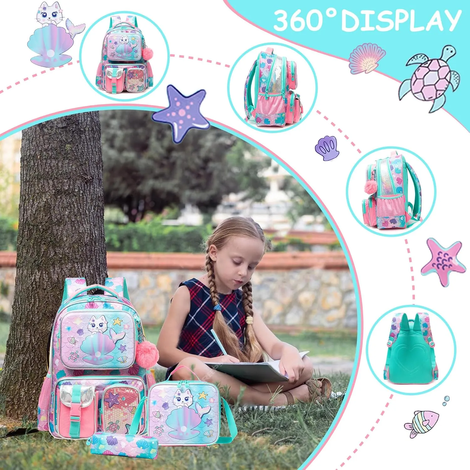 Meetbelify Cute Cat Backpacks for Girls School Backpacks for Elementary Students Ages 8-10 Kids Aesthetic Travel Backpack Large Capacity Laptop Bookbag with Lunch Box 3 in 1 Backpack Set for Girls