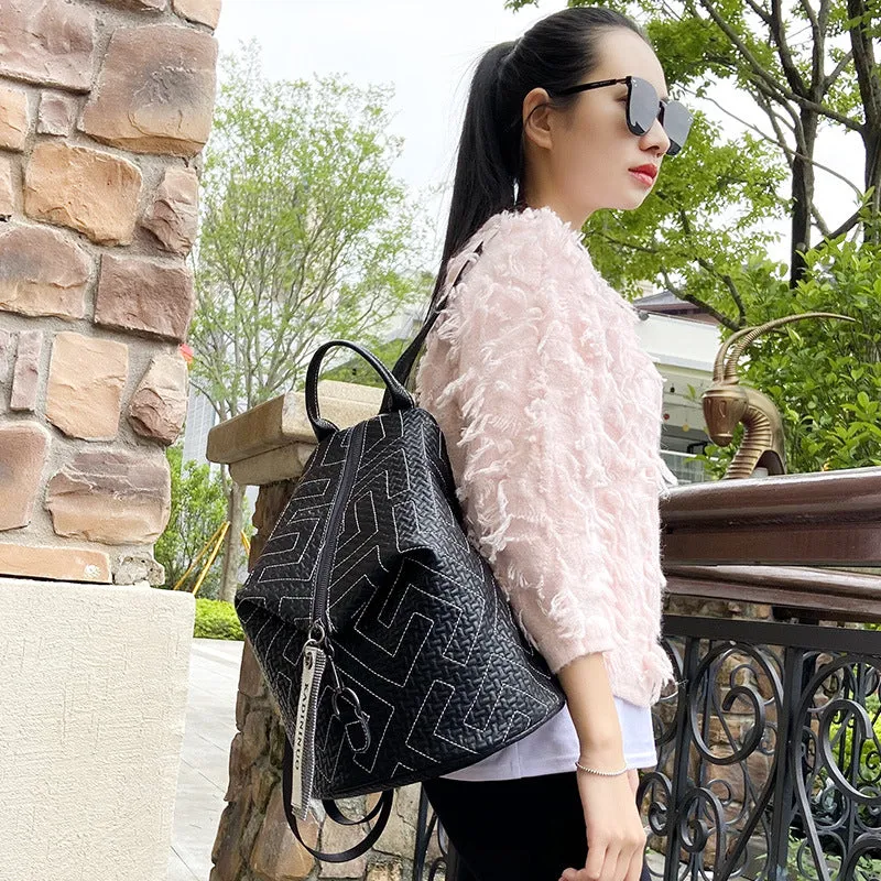 New Korean Style Leather Backpack Women's Fashion Embroidery Thread Multi-Purpose