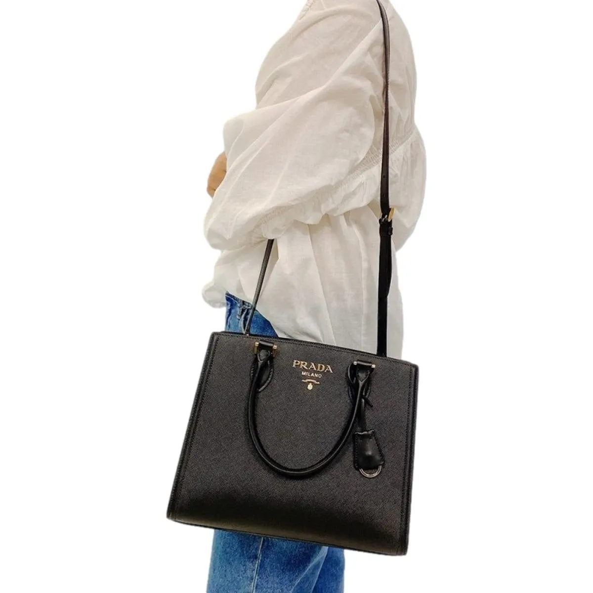 Prada Saffiano Lux Black Medium Satchel Handbag 1BA227