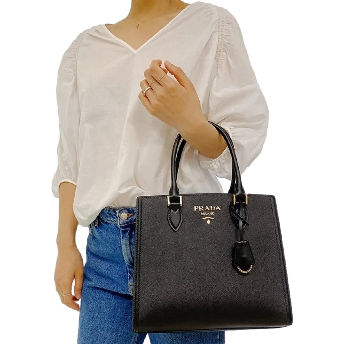 Prada Saffiano Lux Black Medium Satchel Handbag 1BA227
