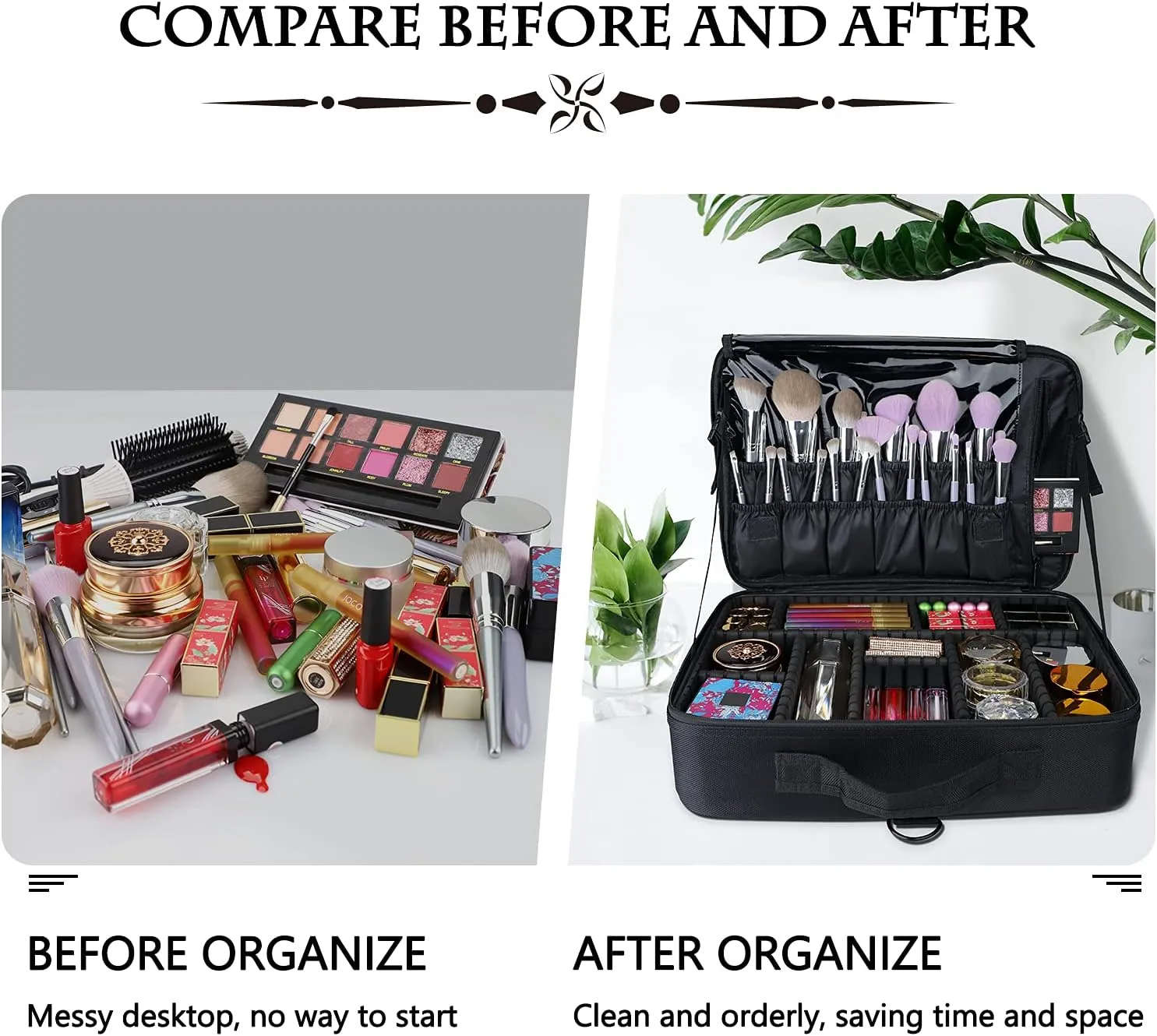 Professional Travel Makeup Case 16.5 Inches Large Make Up Bag Cosmetic Train Case Portable Artist Storage Organizer Bag with Shoulder Strap for Makeup Brushes (L-Black)