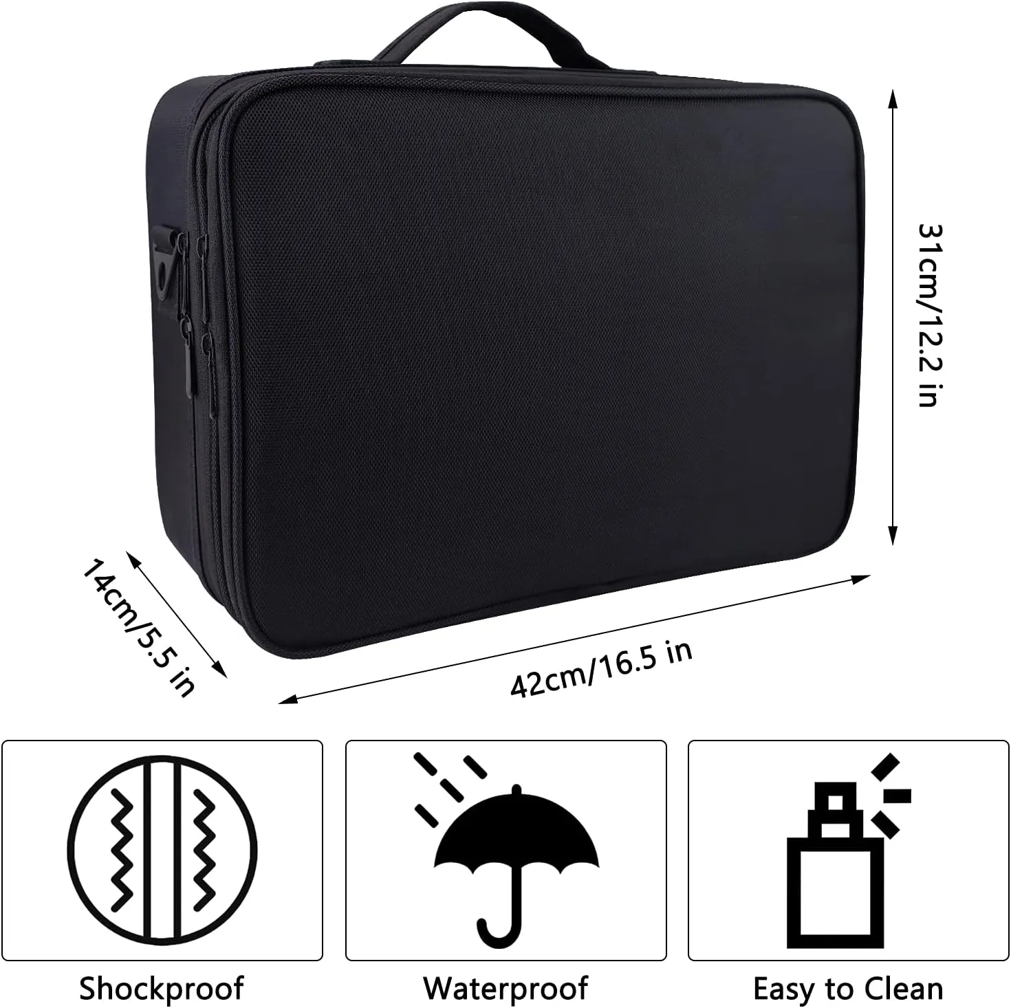 Professional Travel Makeup Case 16.5 Inches Large Make Up Bag Cosmetic Train Case Portable Artist Storage Organizer Bag with Shoulder Strap for Makeup Brushes (L-Black)