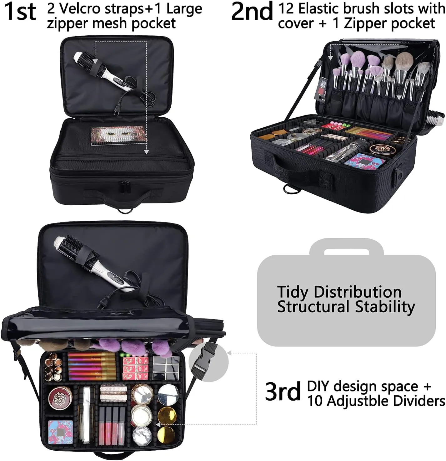 Professional Travel Makeup Case 16.5 Inches Large Make Up Bag Cosmetic Train Case Portable Artist Storage Organizer Bag with Shoulder Strap for Makeup Brushes (L-Black)