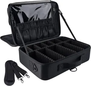 Professional Travel Makeup Case 16.5 Inches Large Make Up Bag Cosmetic Train Case Portable Artist Storage Organizer Bag with Shoulder Strap for Makeup Brushes (L-Black)