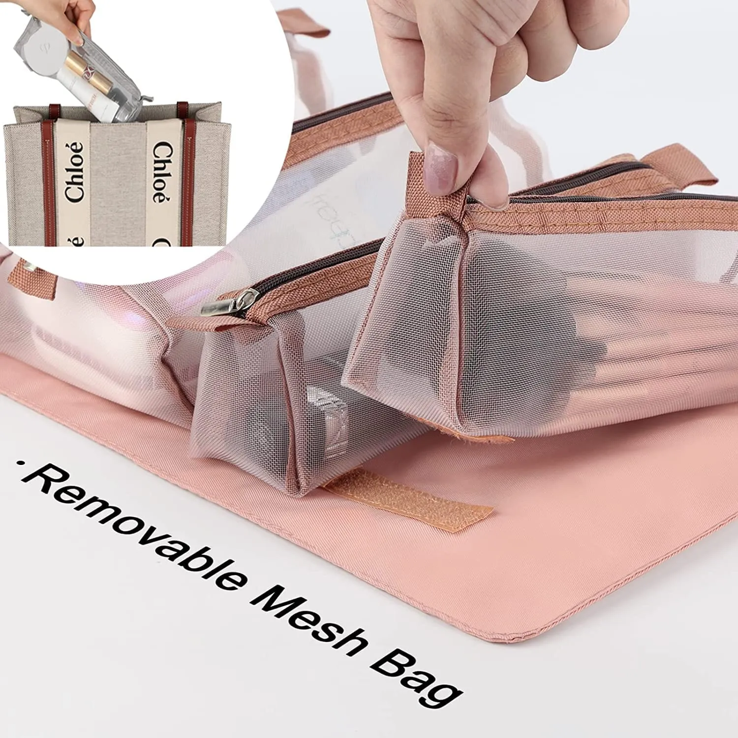 Roll Up Makeup Hanging Bag with 4 Detachable Compartments (Pink)