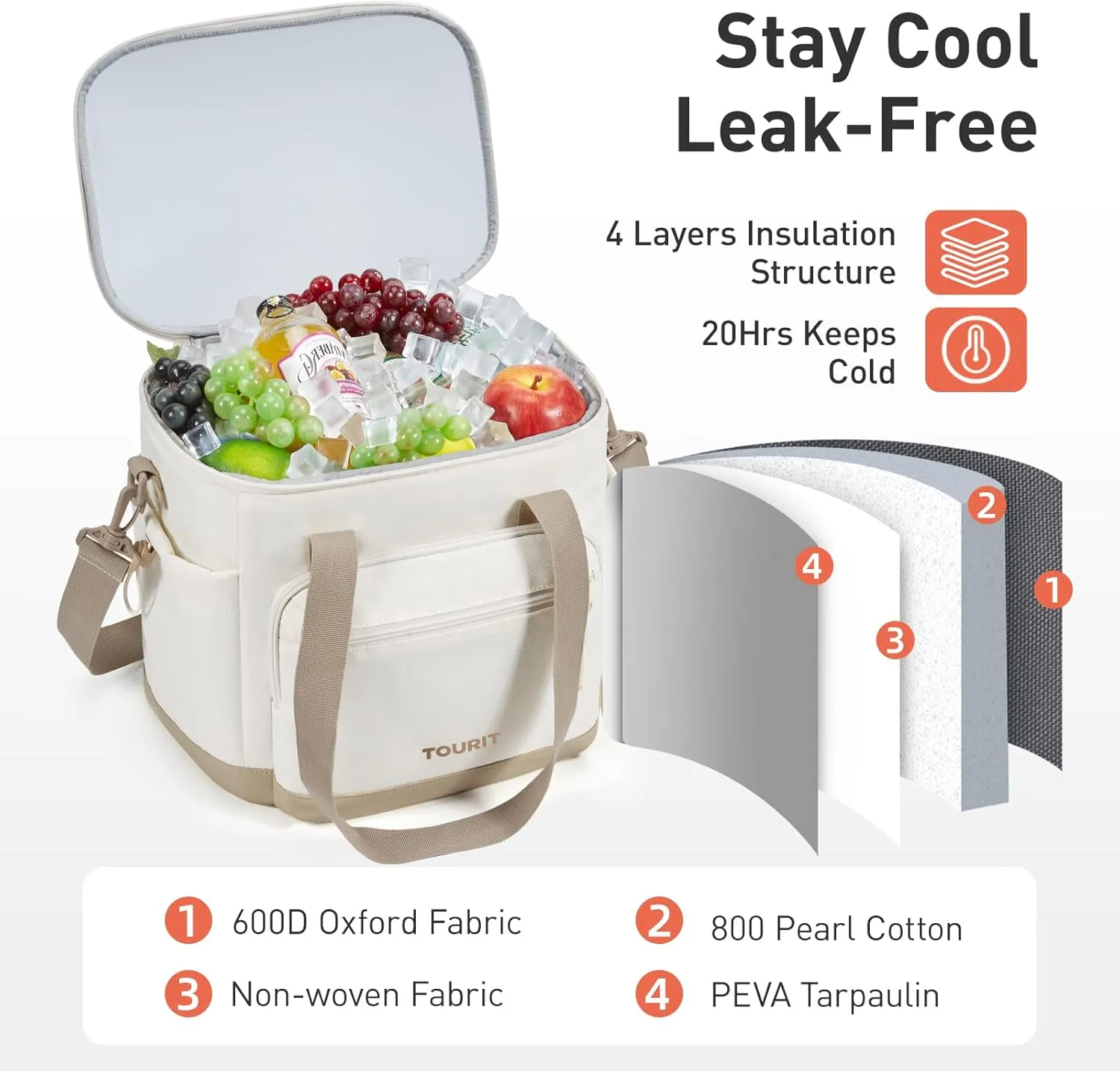TOURIT Insulated Cooler Bag: 20 Cans Soft Portable Leakproof Lunch Cooler Beach Travel Picnic Camping