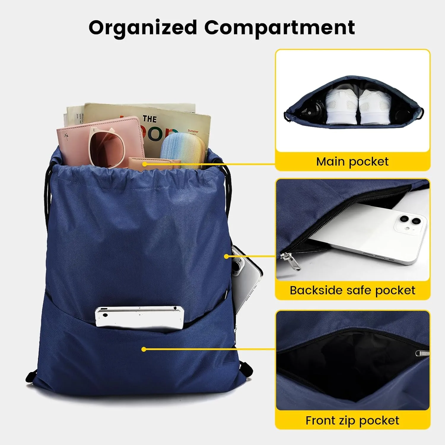 Vorspack Drawstring Backpack Water Resistant String Bag Sports Sackpack Gym Sack with Side Pocket for Men Women