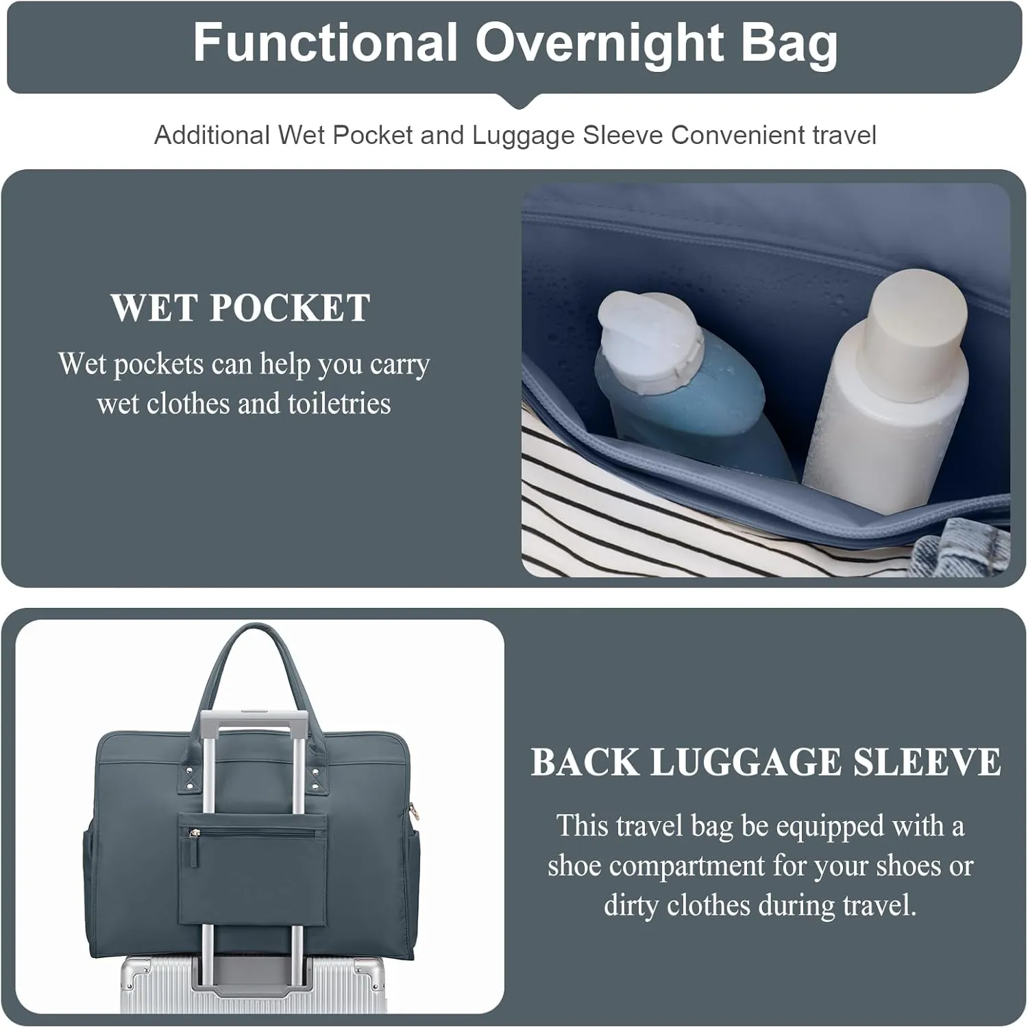 Weekender Bags for Women Travel, Travel Bag with Shoe Compartment, Overnight Duffel Bag with Wet Pocket & Trolley Sleeve