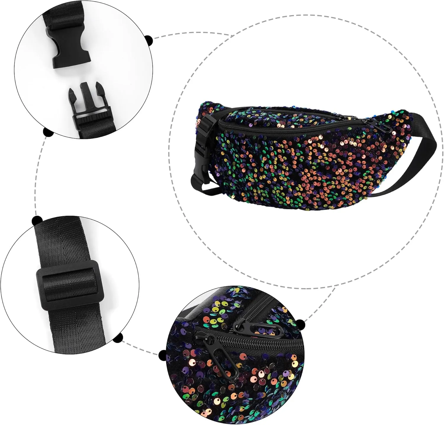 ZLM BAG US Dazzling Sequins Fanny Pack Zip Waist Pack Chest Bag Phone Purse Wide Straps Crossbody Shoulder Bag