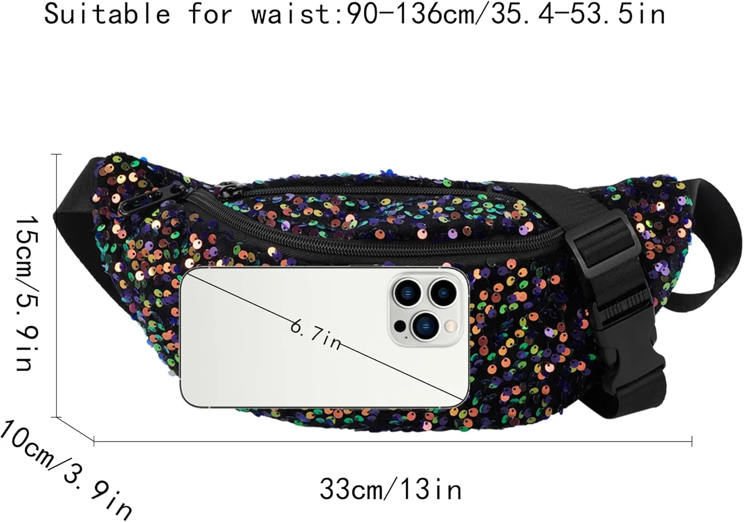 ZLM BAG US Dazzling Sequins Fanny Pack Zip Waist Pack Chest Bag Phone Purse Wide Straps Crossbody Shoulder Bag