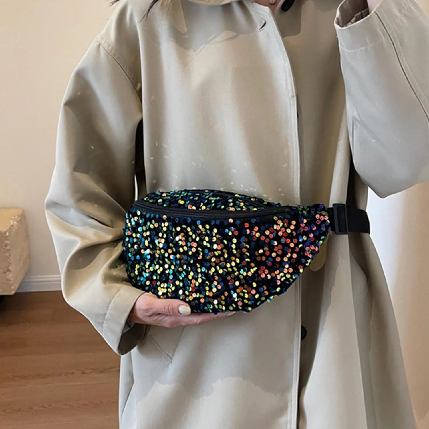 ZLM BAG US Dazzling Sequins Fanny Pack Zip Waist Pack Chest Bag Phone Purse Wide Straps Crossbody Shoulder Bag