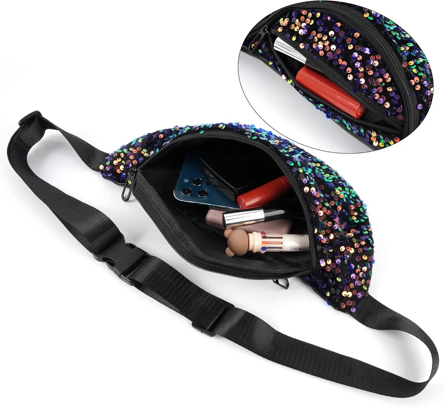 ZLM BAG US Dazzling Sequins Fanny Pack Zip Waist Pack Chest Bag Phone Purse Wide Straps Crossbody Shoulder Bag