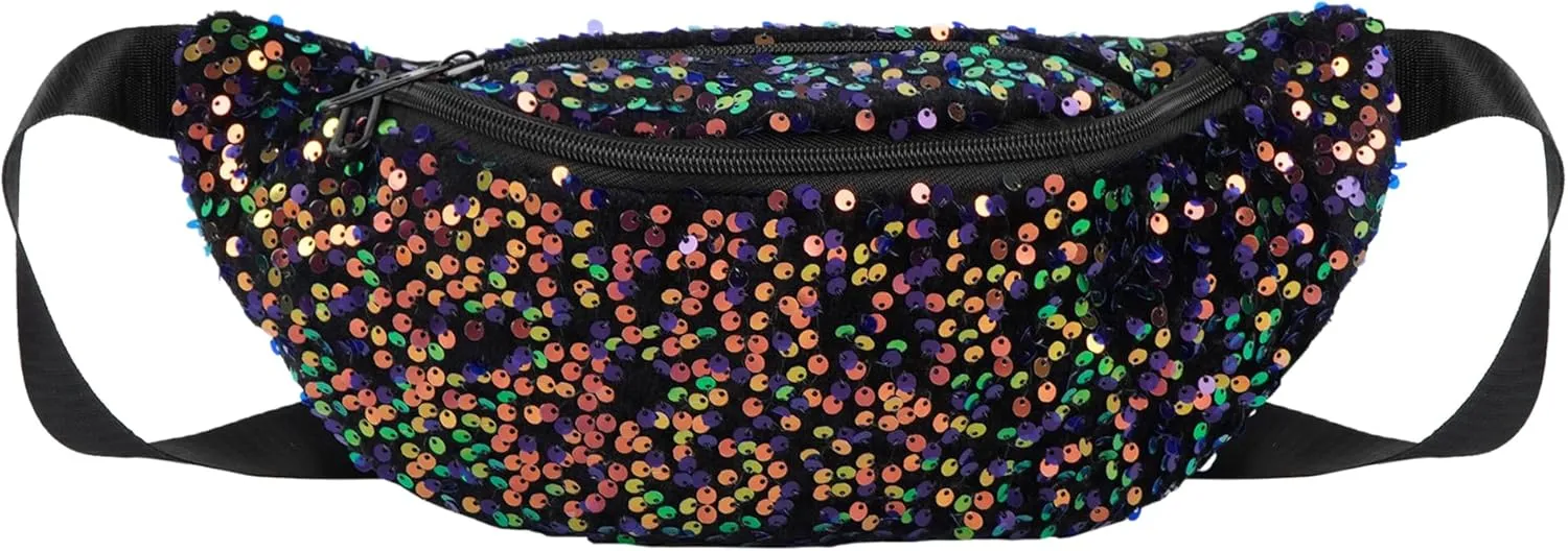 ZLM BAG US Dazzling Sequins Fanny Pack Zip Waist Pack Chest Bag Phone Purse Wide Straps Crossbody Shoulder Bag