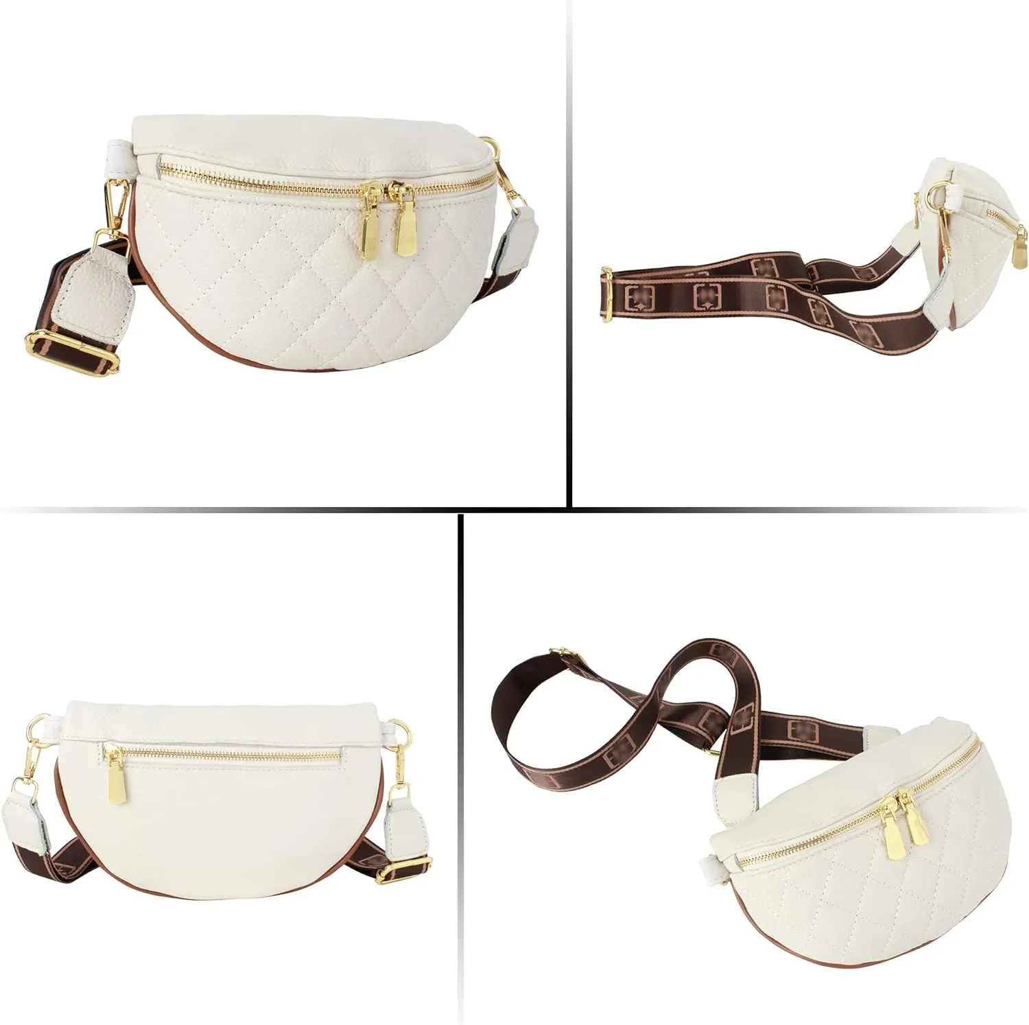 ZLM BAG US Elegant Quilted Fanny Pack Solid Color Waist Pack Wide Strap Chest Bag Phone Purse 07103-White