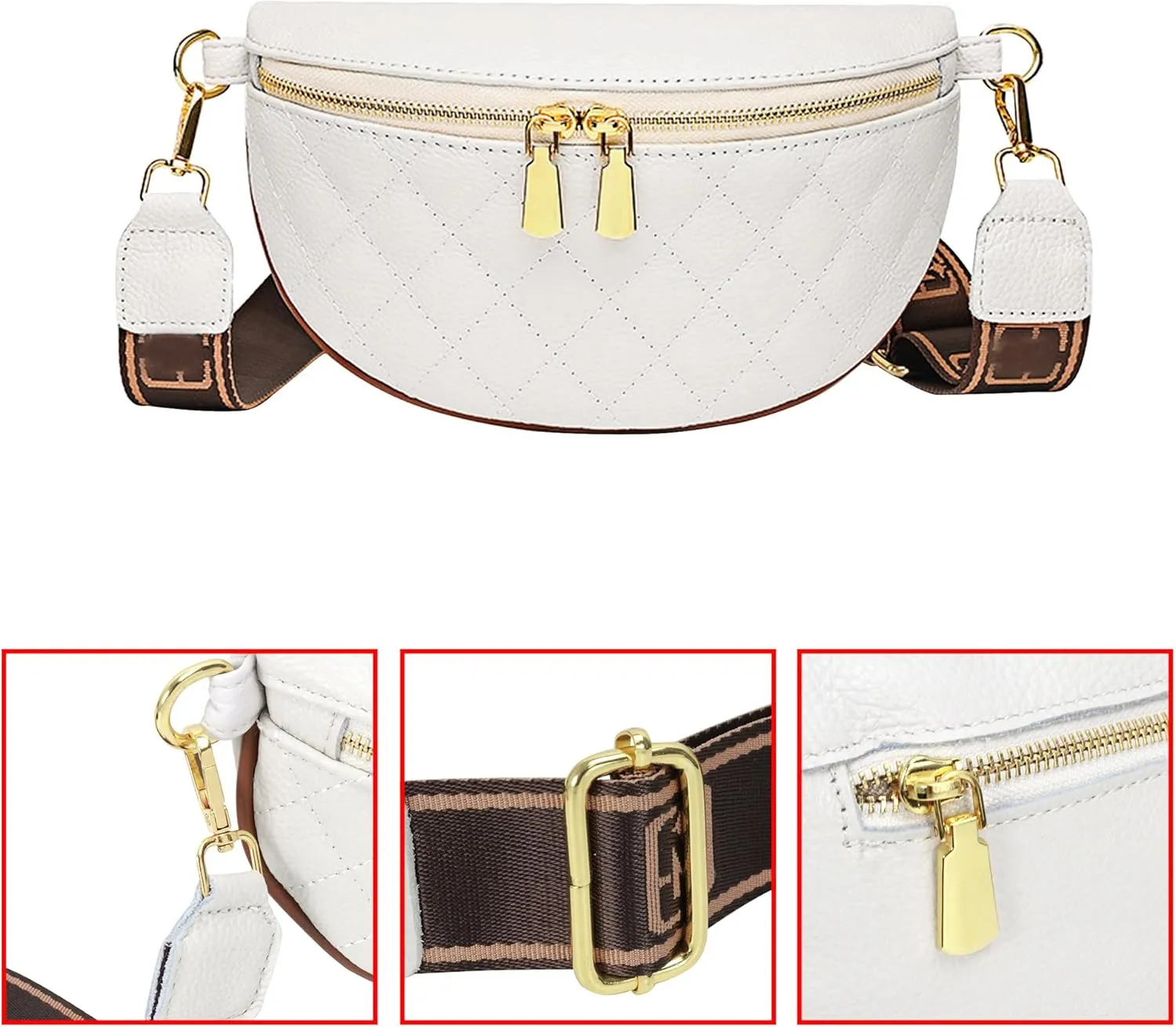 ZLM BAG US Elegant Quilted Fanny Pack Solid Color Waist Pack Wide Strap Chest Bag Phone Purse 07103-White