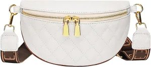 ZLM BAG US Elegant Quilted Fanny Pack Solid Color Waist Pack Wide Strap Chest Bag Phone Purse 07103-White