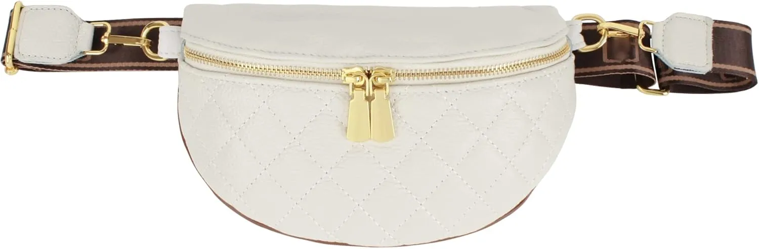 ZLM BAG US Elegant Quilted Fanny Pack Solid Color Waist Pack Wide Strap Chest Bag Phone Purse 07103-White