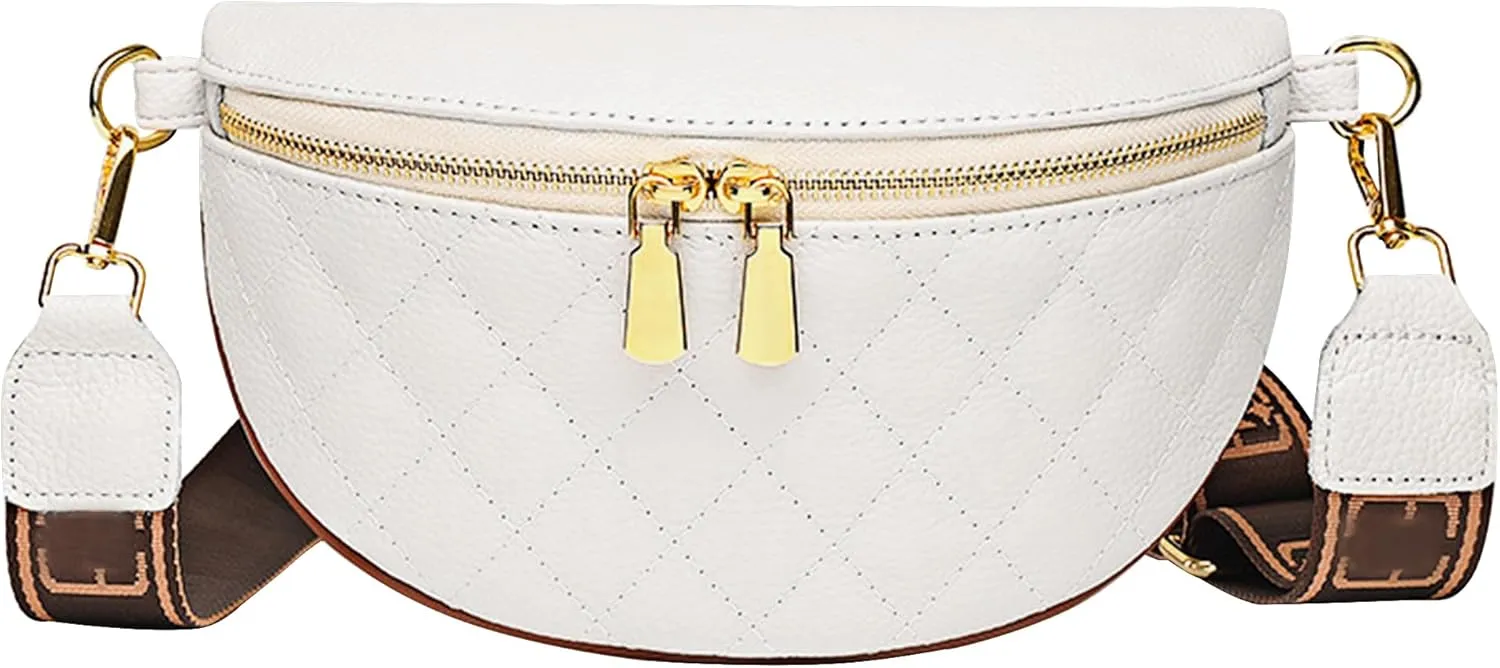 ZLM BAG US Elegant Quilted Fanny Pack Solid Color Waist Pack Wide Strap Chest Bag Phone Purse 07103-White